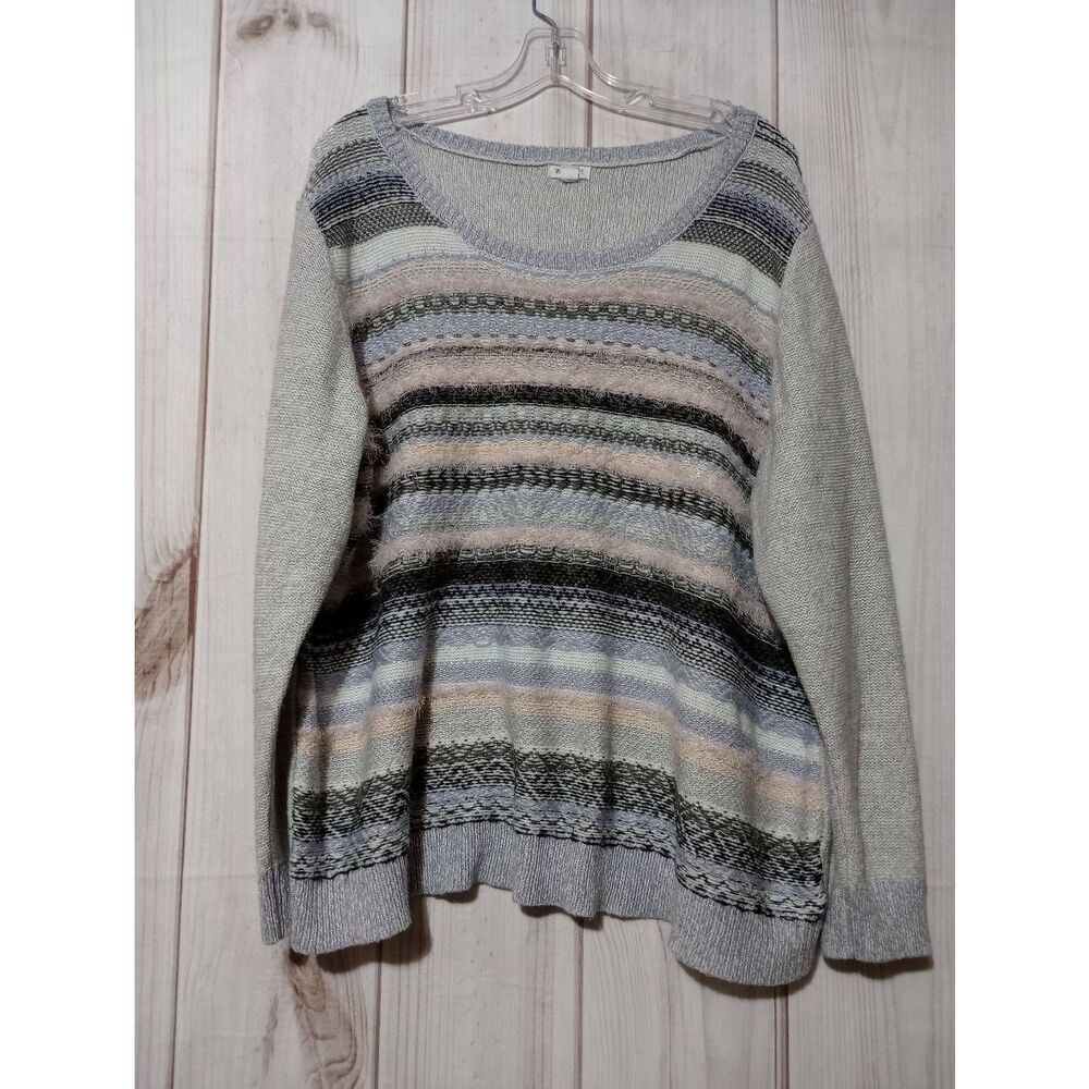 Westport Womens 3X Striped Metallic Eyelash Knit Sweater Grey Multi Long Sleeve